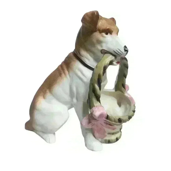 Vintage Bisque Dog figurine with Basket 5 1/4" high - Picture 1 of 8